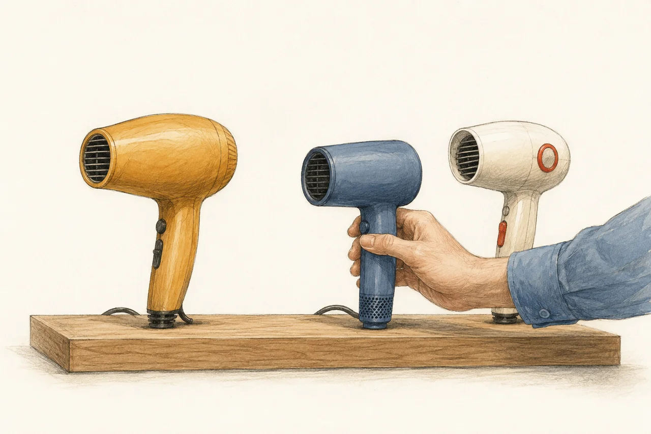 A shopper chooses from three differently designed hair dryers on a shop display.