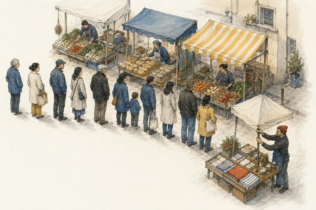 An illustrated street market with shoppers gathering around stalls and another vendor setting up nearby.