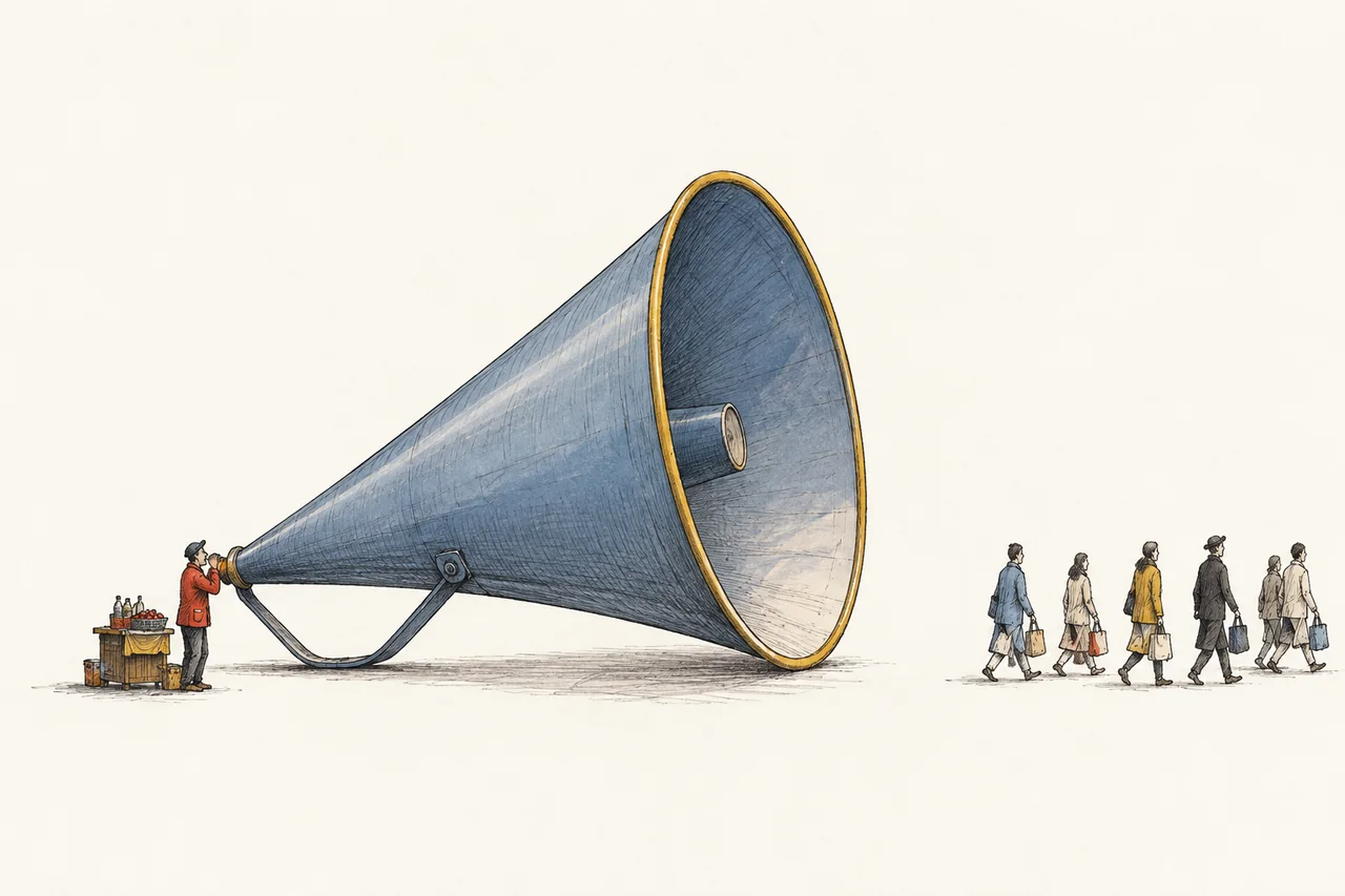 A small vendor tries to reach distant shoppers with an enormous blue megaphone.